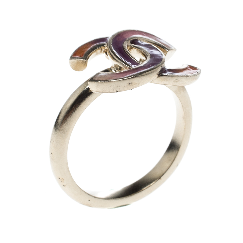 Chanel CC Multicolored Enamel Gold Tone Ring Size 52