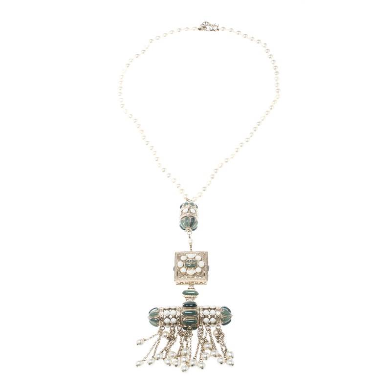 Pre Owned Chanel Teal Enamel Faux Pearl Gold Tone Tassel Necklace