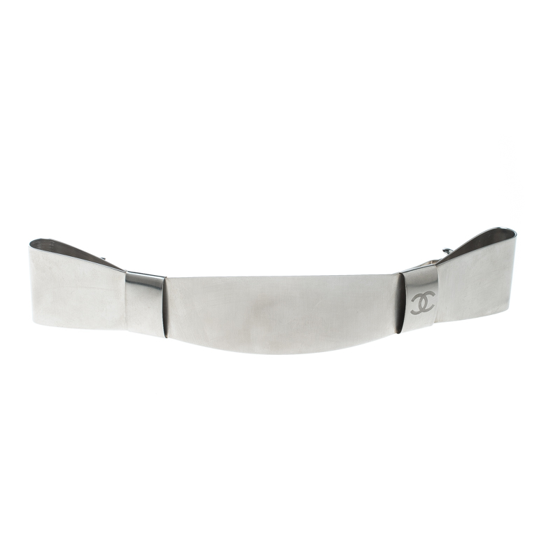 Pre Owned Chanel CC Double Bow Silver Tone Barrette Hair Clip