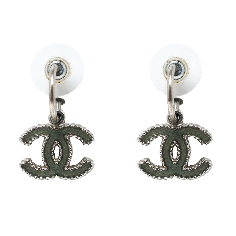 Chanel CC Green Enamel Silver Tone Drop Earrings