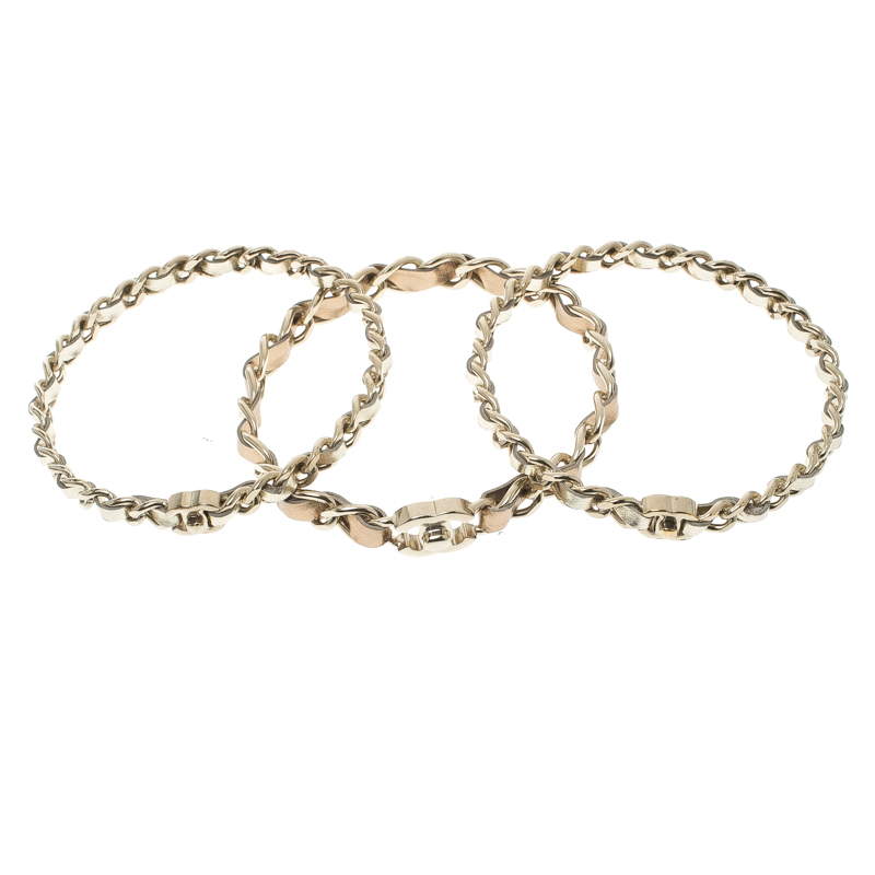 Pre Owned Chanel CC Turnlock Metallic Leather Woven Gold Tone Chain Bangle Set of 3 Bracelet L