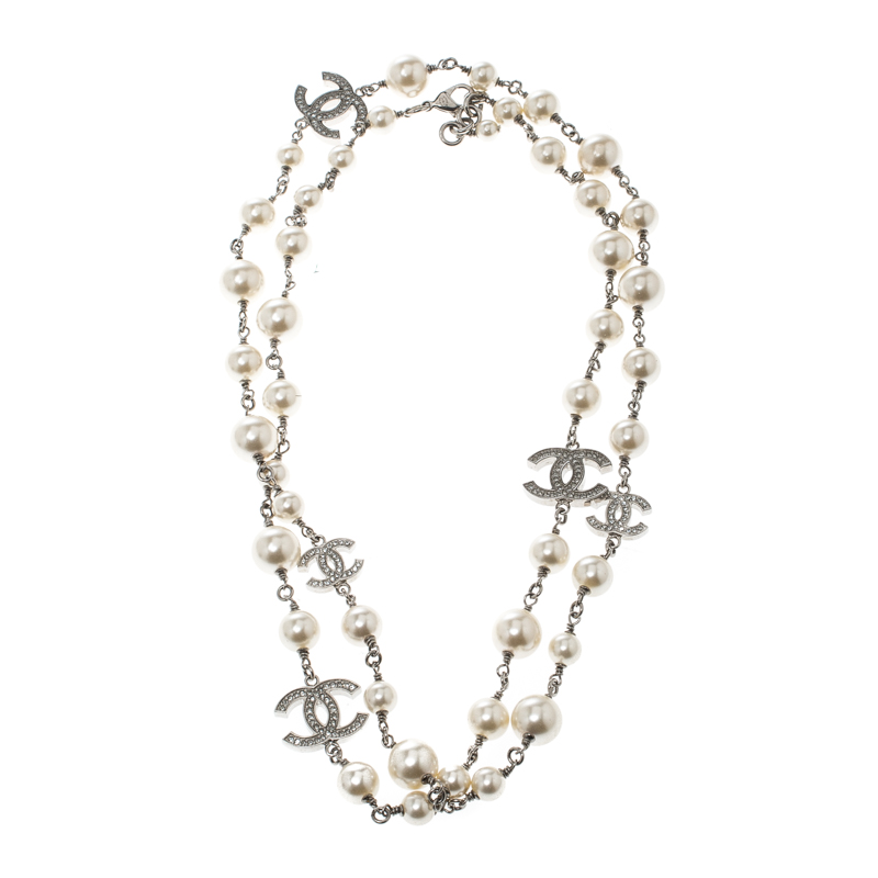 Chanel Silver Price Dropped Faux Pearl Crystal 3 Cc Long Necklace - Tradesy