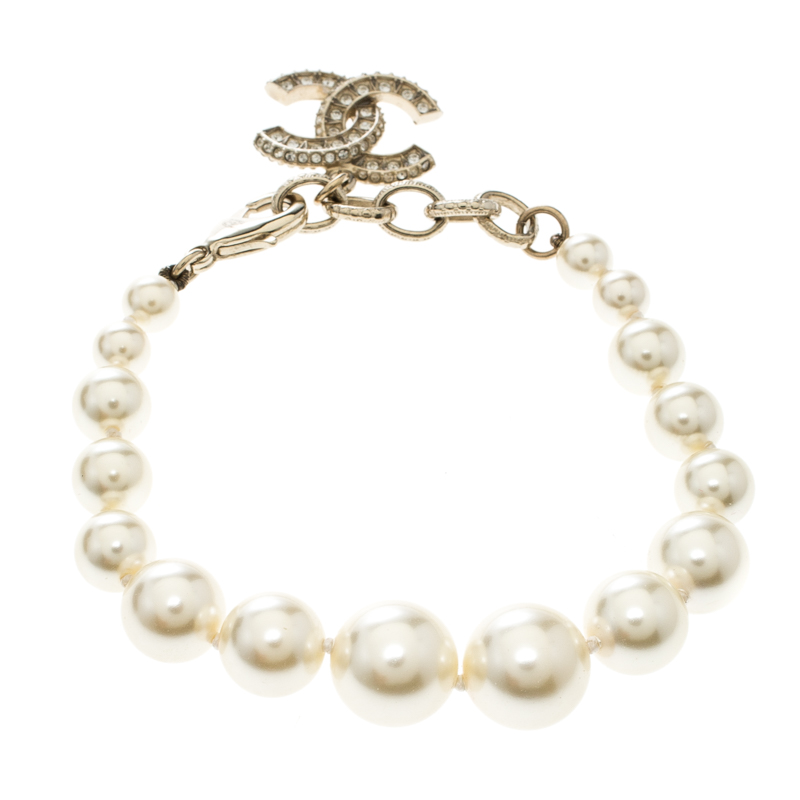 Chanel CC Cream Faux Pearl & Crystal Gold Tone Bracelet