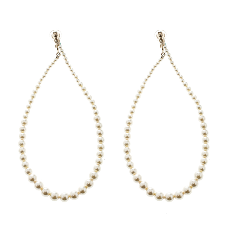 Chanel Graduated Faux Pearl Gold Tone Clip-on Long Hoop Earrings