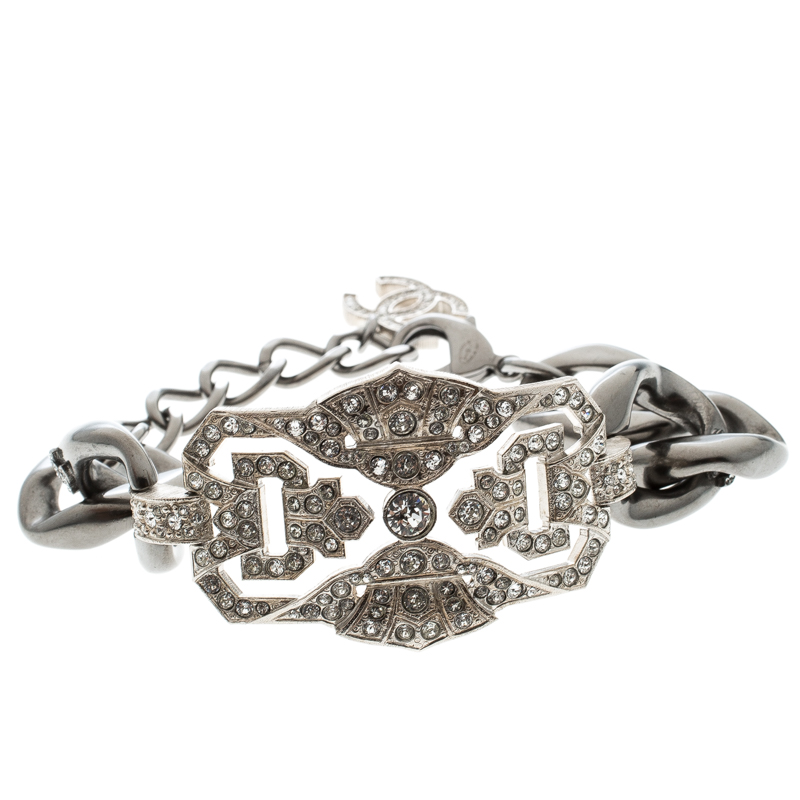 Pre Owned Chanel Crystal Embellished Gunmetal Tone Chain Bracelet
