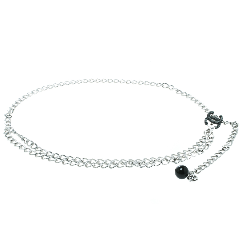 Pre Owned Chanel CC Black Resin Silver Tone Chain Link Belt