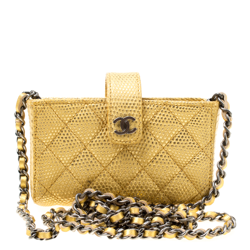 Chanel Gold Quilted Lizard iPhone Pouch with Chain