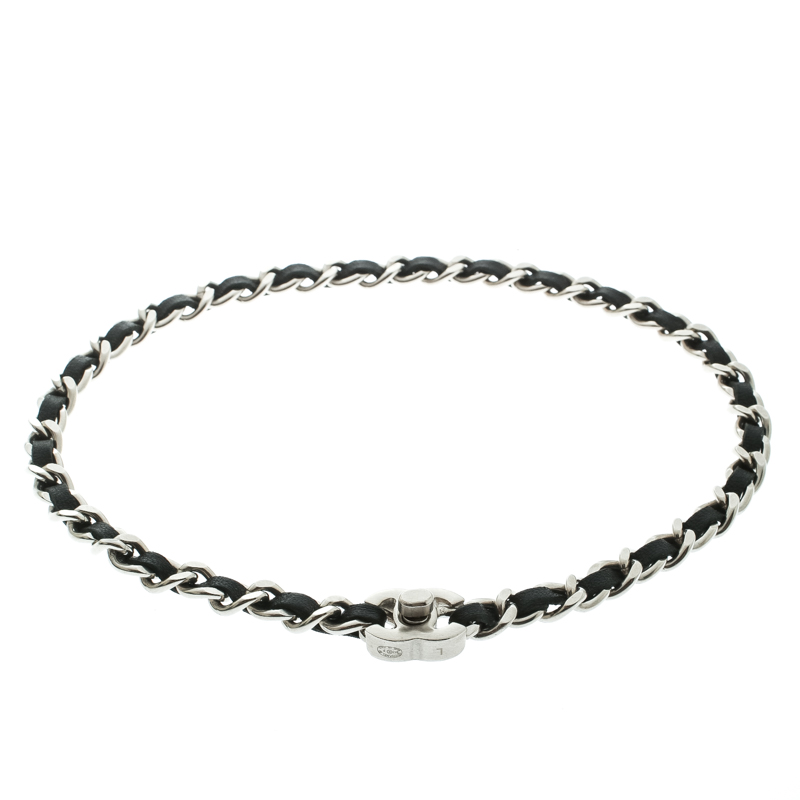 Pre Owned Chanel CC Black Leather Woven Chain Silver Tone Turn Lock Necklace