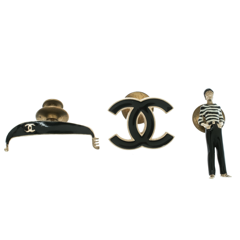 Pre Owned Chanel CC Pin Badge / Brooch,  A Set Of Three Enamel Charms 