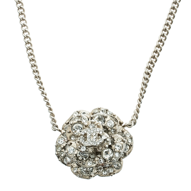 Pre Owned Chanel Crystal Studded Camellia Silver Tone Pendant Necklace