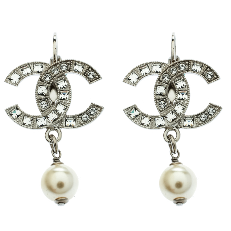 Chanel CC Faux Pearl & Crystal Silver Tone Drop Earrings