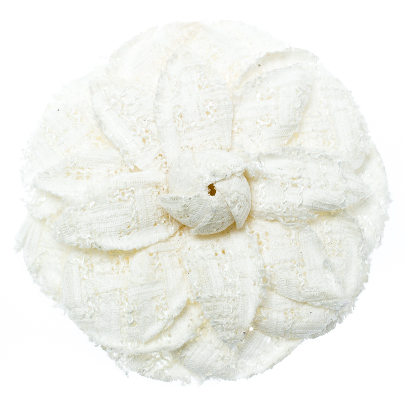 Chanel White Tweed Camellia Brooch