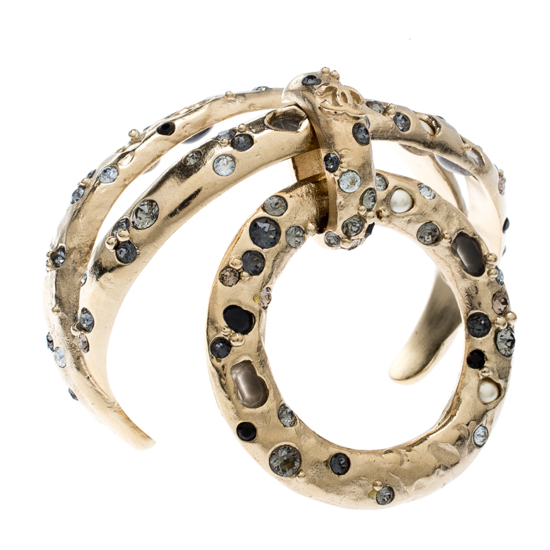 

Chanel Multicolor Crystal and Faux Pearl Encrusted Hoop Pendant Bracelet, Gold