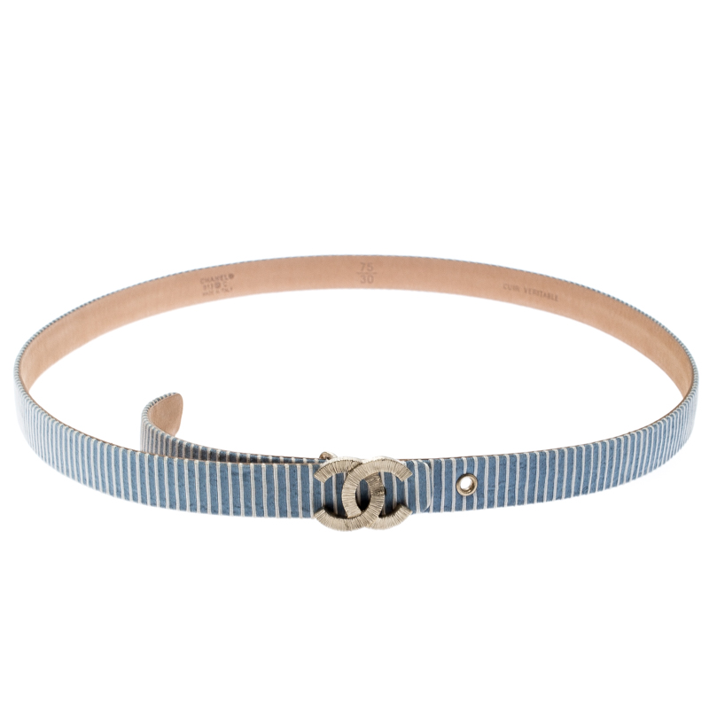 Chanel Blue/White Stripe Fabric CC Buckle Waist Belt 75CM