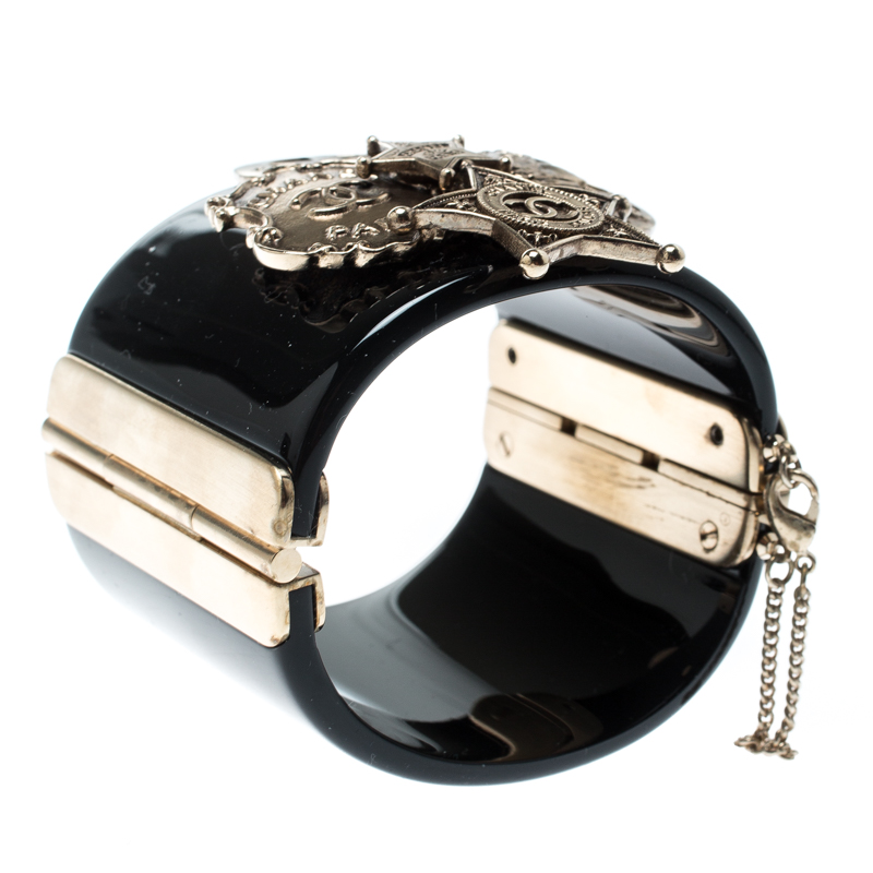 

Chanel Black Paris-Dallas Gold Tone Wide Cuff Bracelet