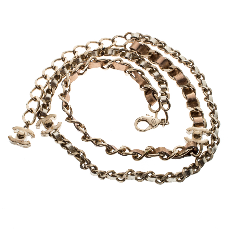 

Chanel CC Turnlock Metallic Leather Gold Tone Double Chain Necklace