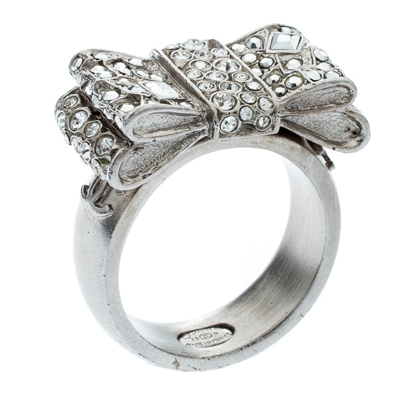 Chanel Crystal Embellished Bow Cocktail Ring Size EU 56