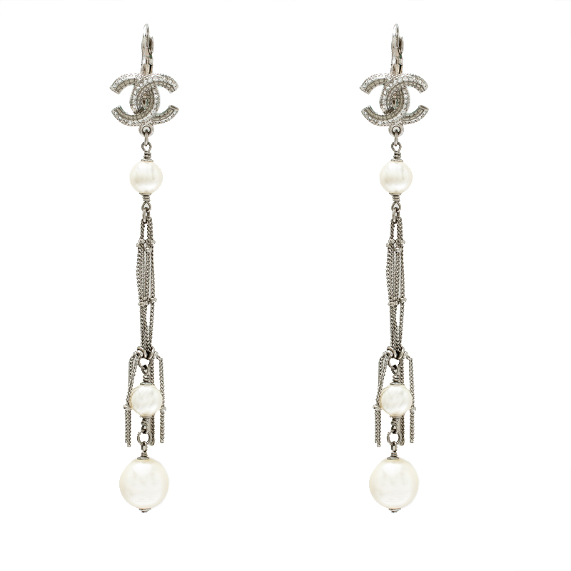 مملوكة مسبقًا Chanel  CC Silver Tone Faux Pearl Long Dangle Earrings