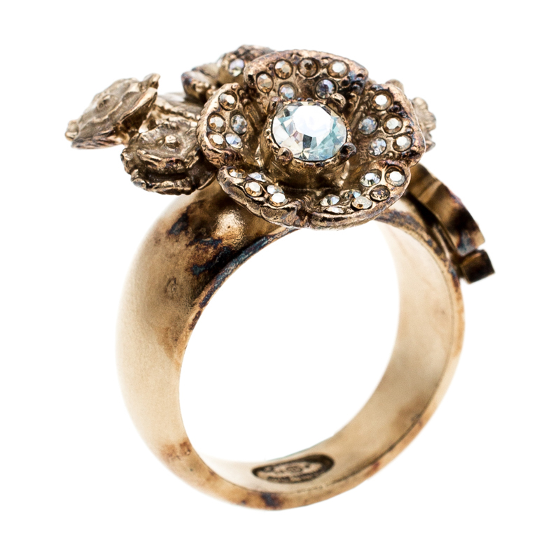 Pre Owned Chanel CC Crystal Camellia Cluster Gold Tone Ring Size EU 55