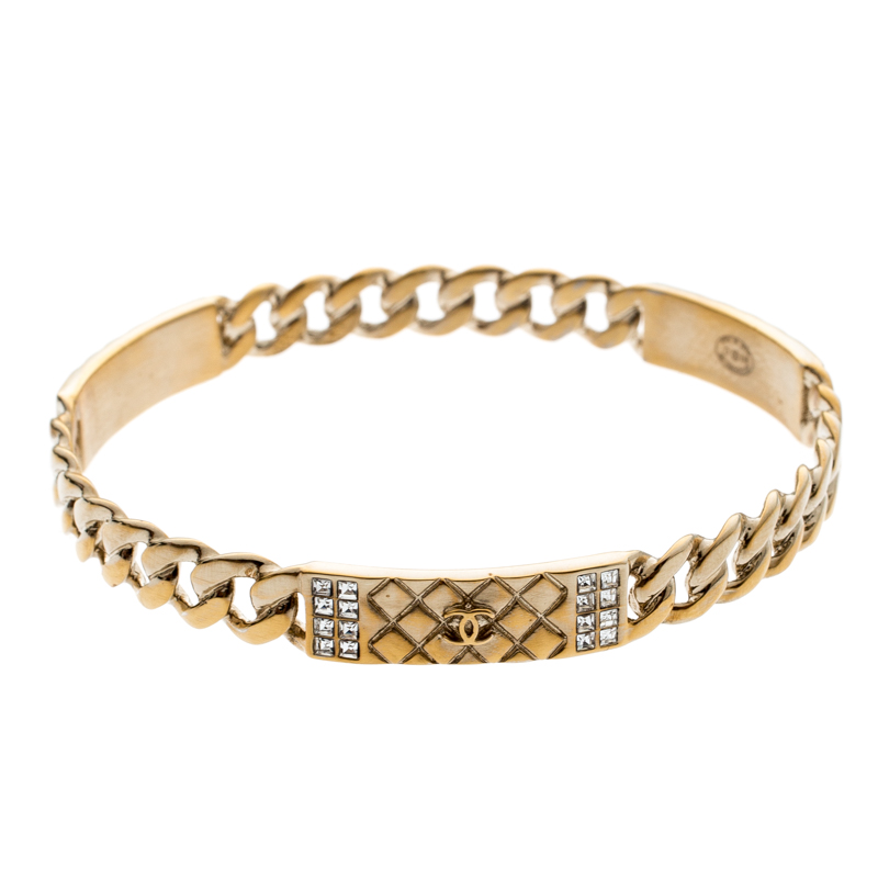 Pre Owned Chanel CC Crystal Textured Chain Link Gold Tone Bangle Bracelet