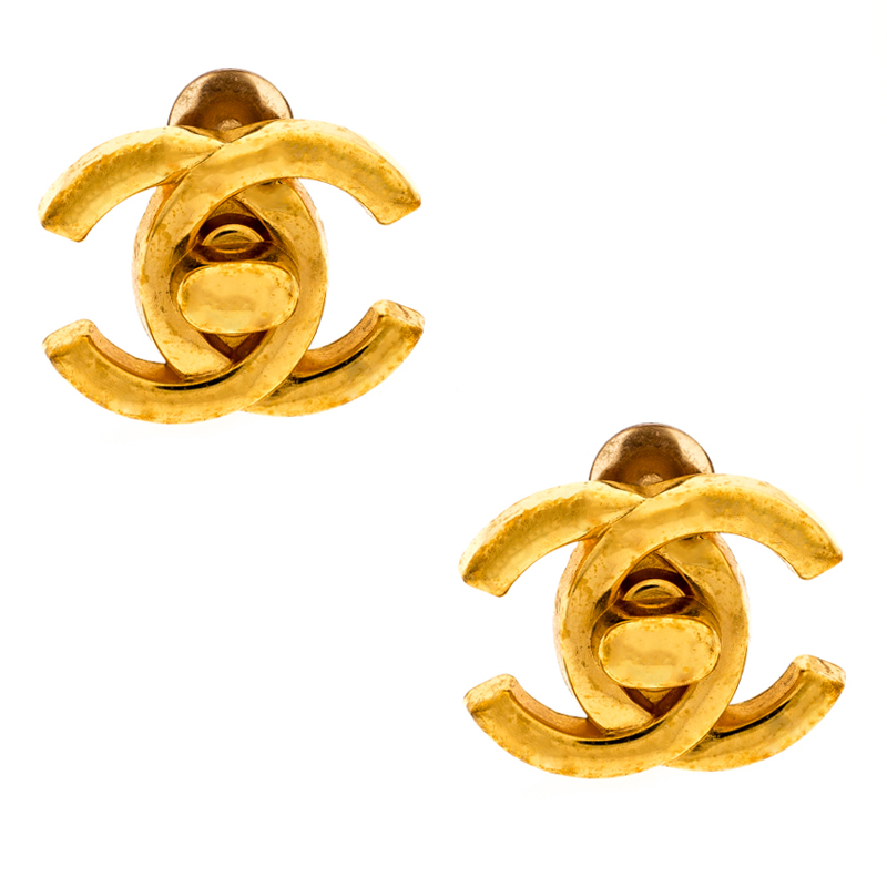Chanel CC Turn Lock Gold Tone Clip-on Stud Earrings Chanel