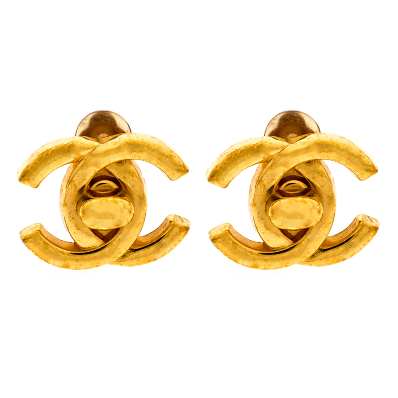 CHANEL Gold Metal Turnlock CC Script Dangle Statement Clip On Cuff Earrings  - Bellisa