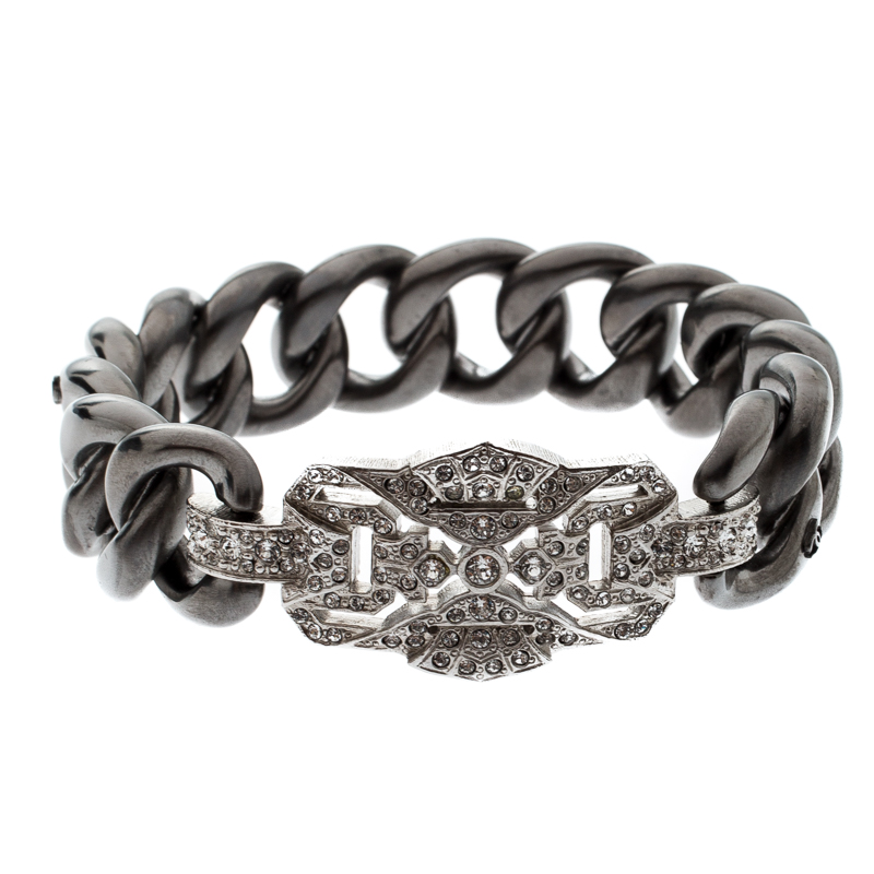 

Chanel Crystal Embellished Gunmetal Tone Chain Link Wide Bangle Bracelet, Grey