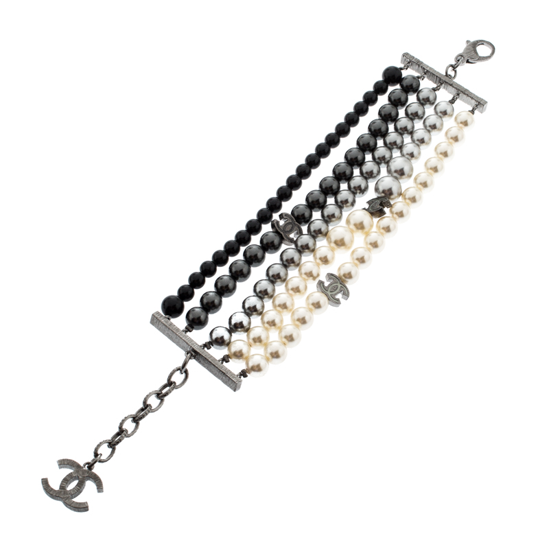 

Chanel CC Faux Pearl Bead Gunmetal Tone Multi-strand Bracelet, Grey