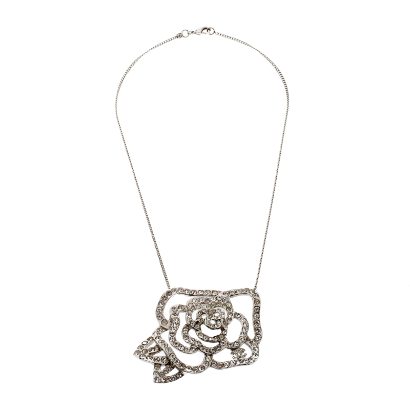 

Chanel Crystal Flower Silver Tone Pendant Necklace