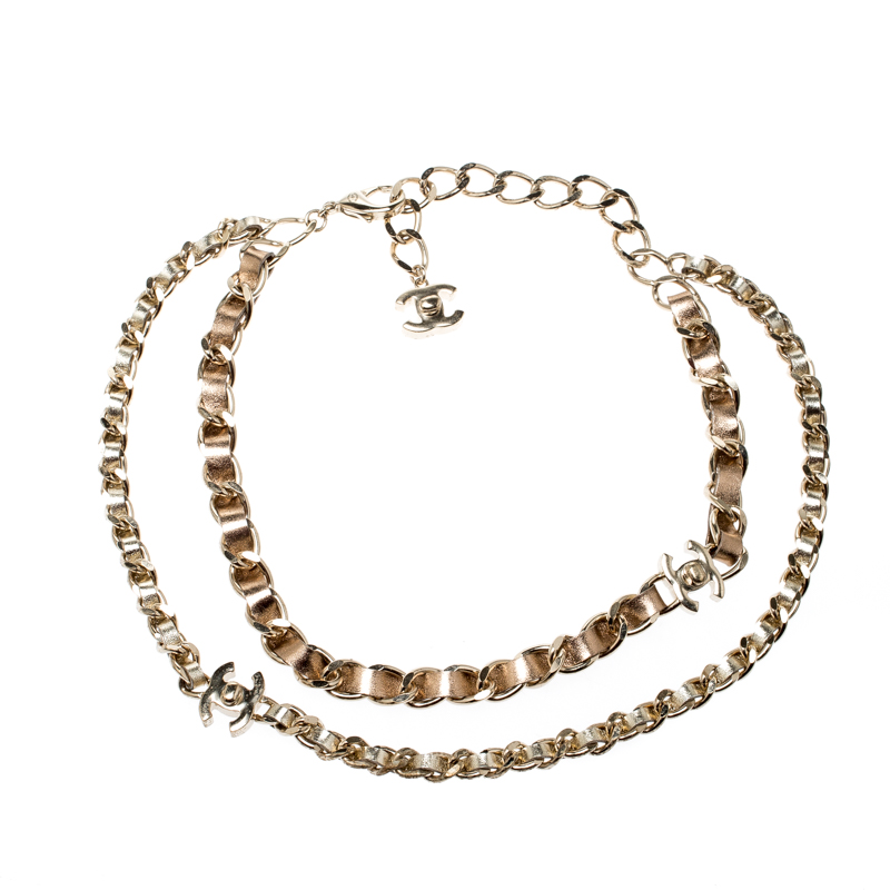 Pre Owned Chanel CC Turnlock Metallic Leather Gold Tone Double Chain Necklace