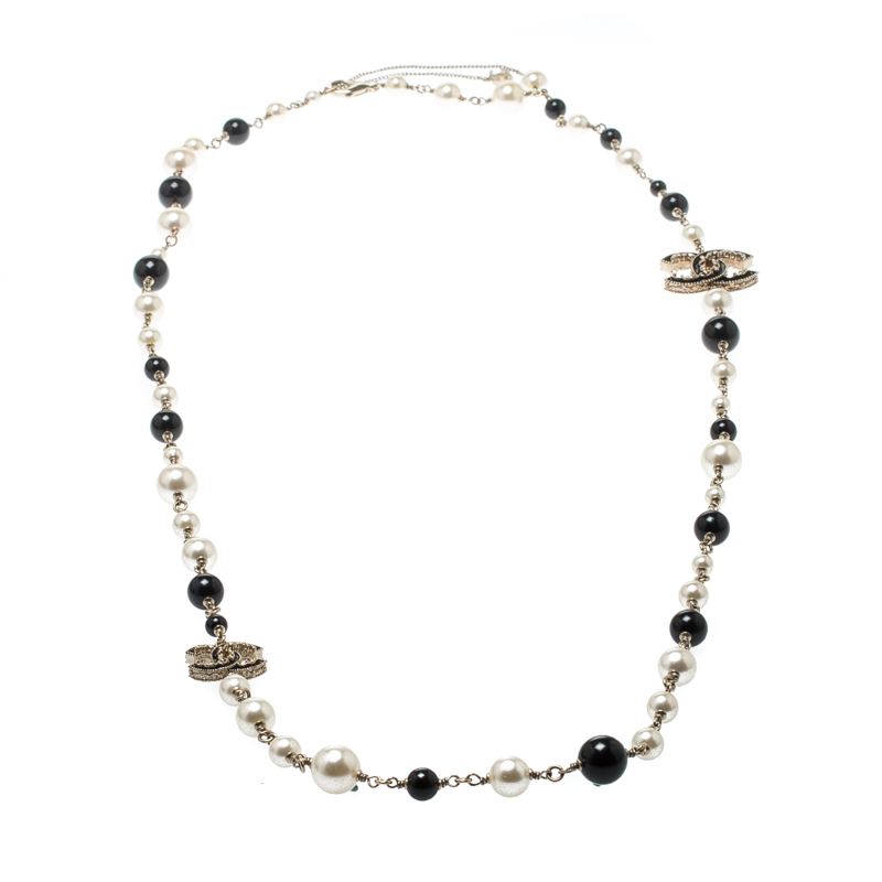 

Chanel CC Faux Pearl Black Beads Gold Tone Long Necklace