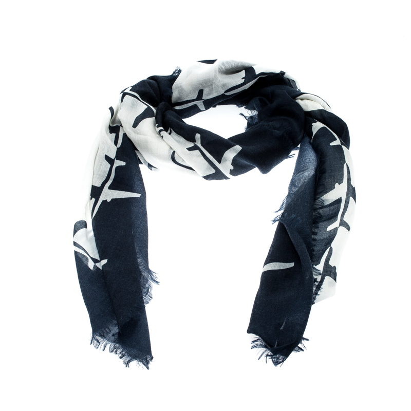 

Chanel Navy Blue and White Aeroport Print Fringed Edge Cashmere Square Scarf