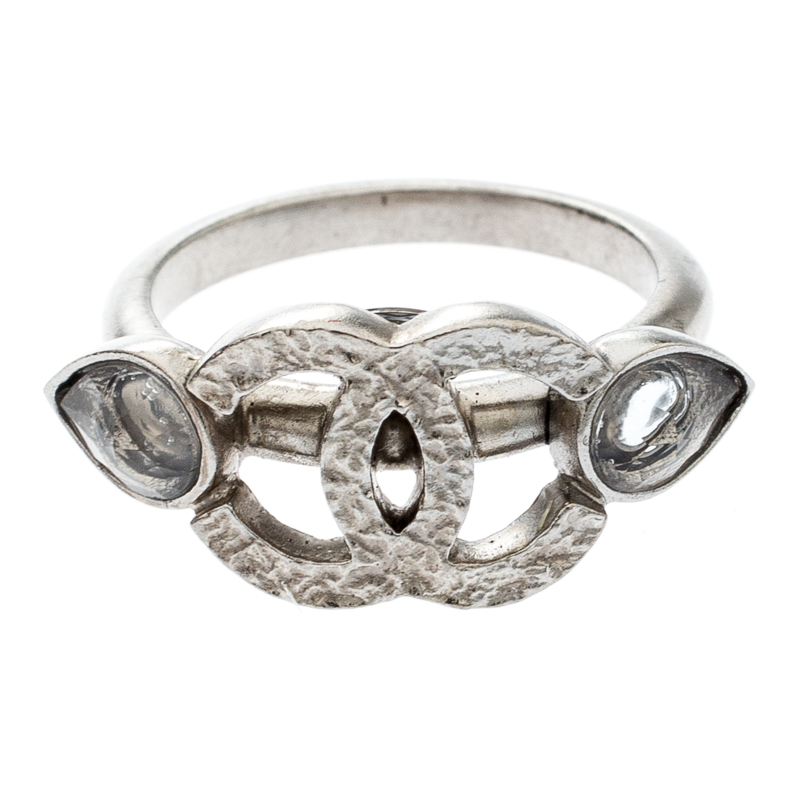 

Chanel CC Crystal Silver Tone Ring Size