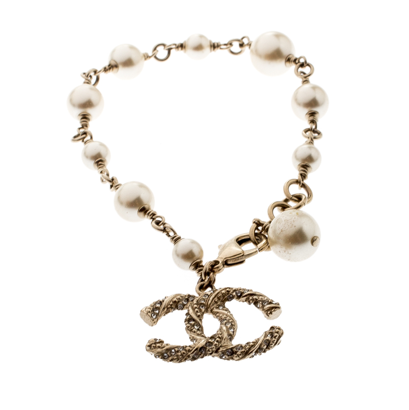 

Chanel CC Crystal Faux Pearl Charm Bracelet, Gold