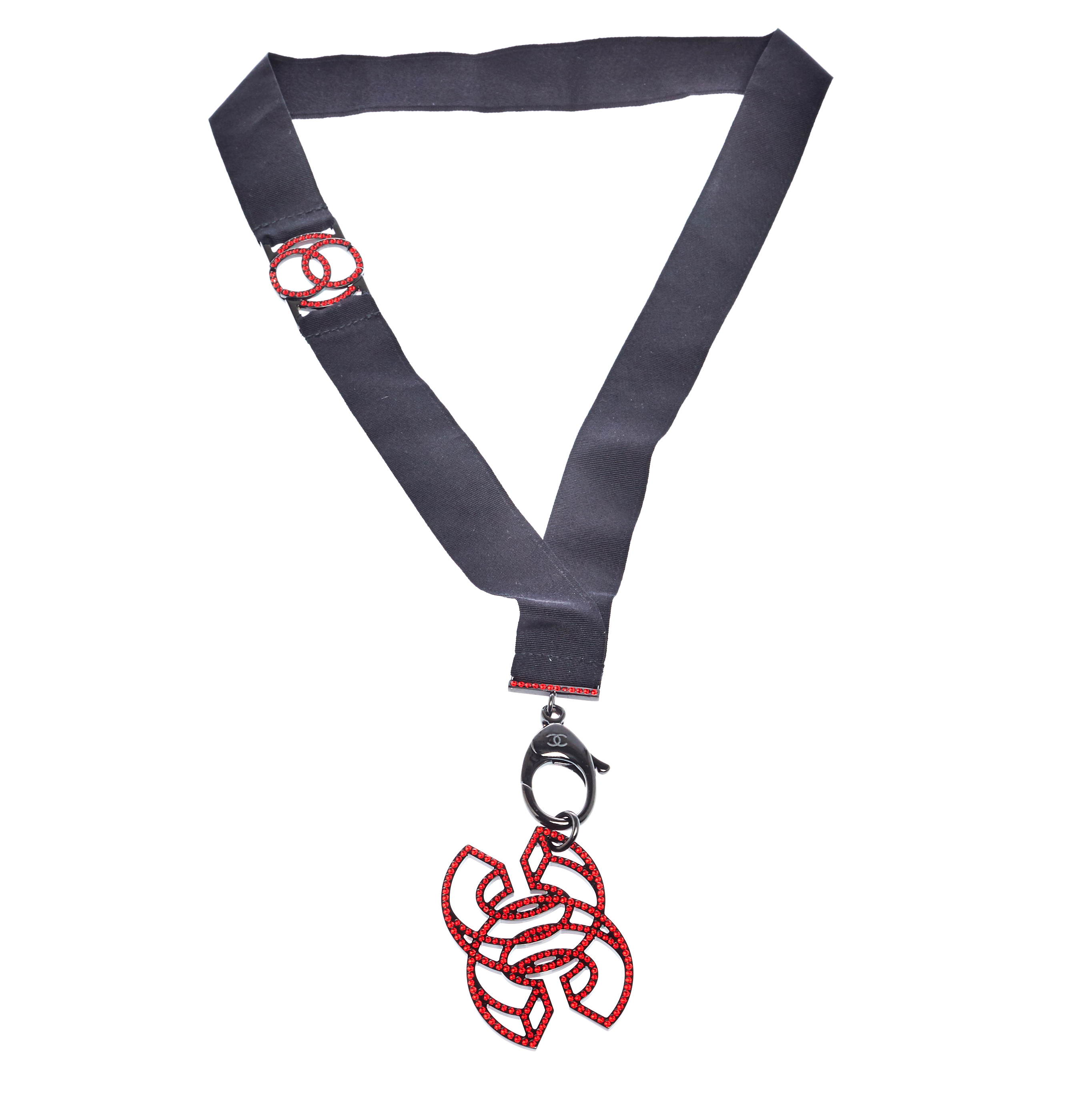 

Chanel CC Crystal Embellished Black Ribbon Pendant Necklace