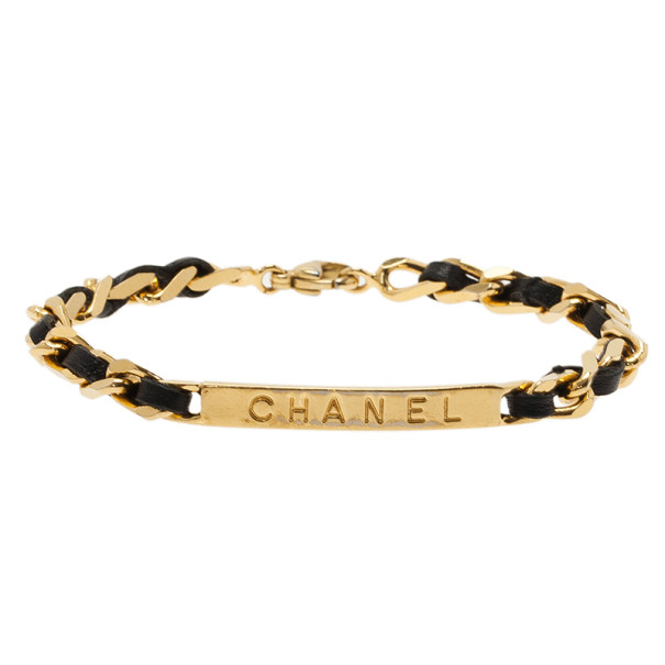Chanel Vintage Classic Black Leather Gold Chain Bracelet 19.5CM
