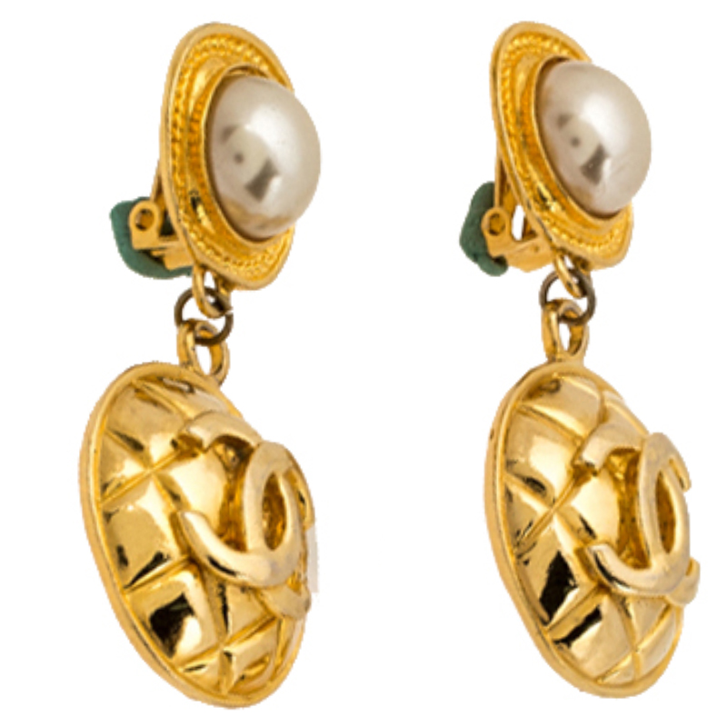 

Chanel Faux Pearl Quilted Gold Tone Drop Earrings