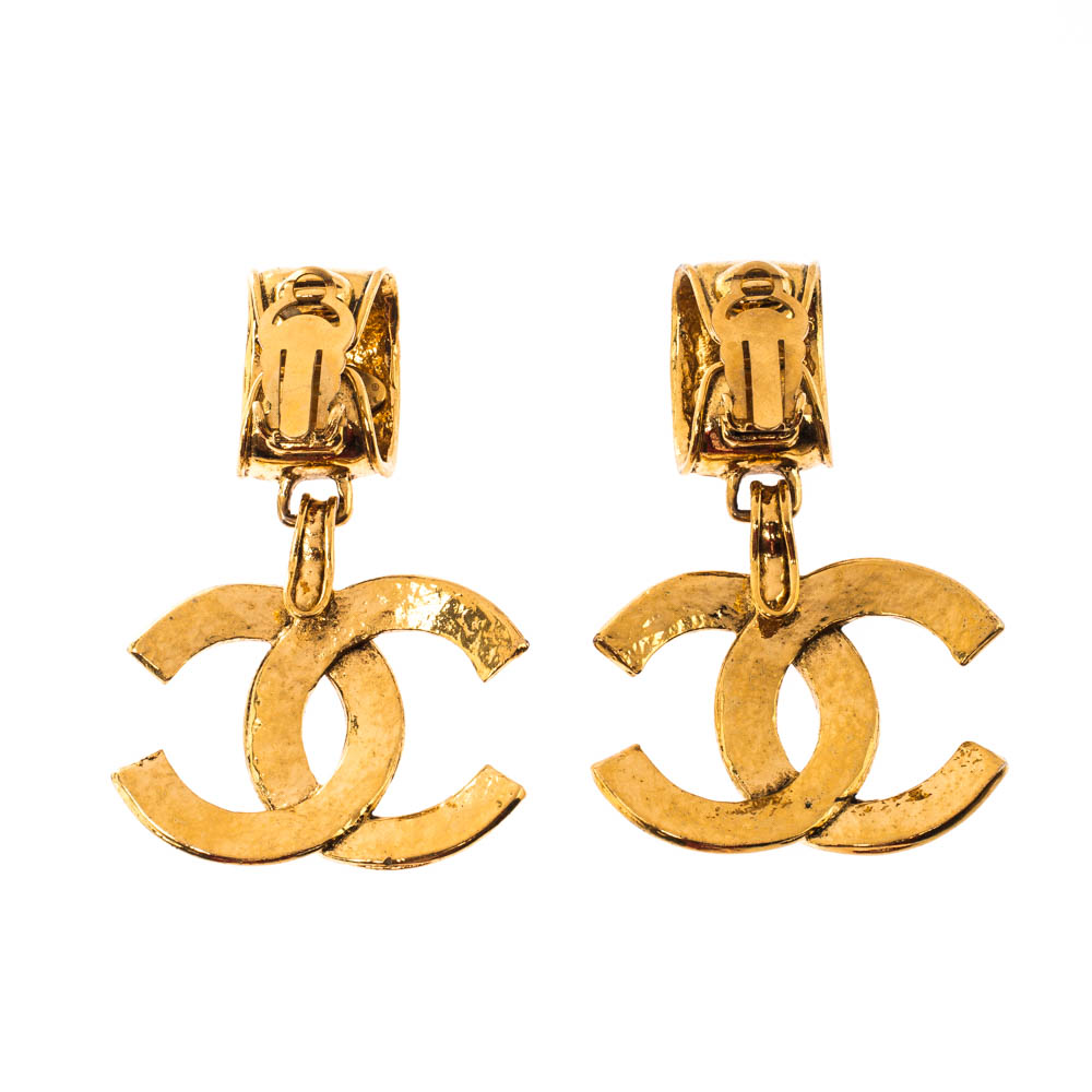 Chanel CC Gold Tone Clip-on Dangle Earrings Chanel