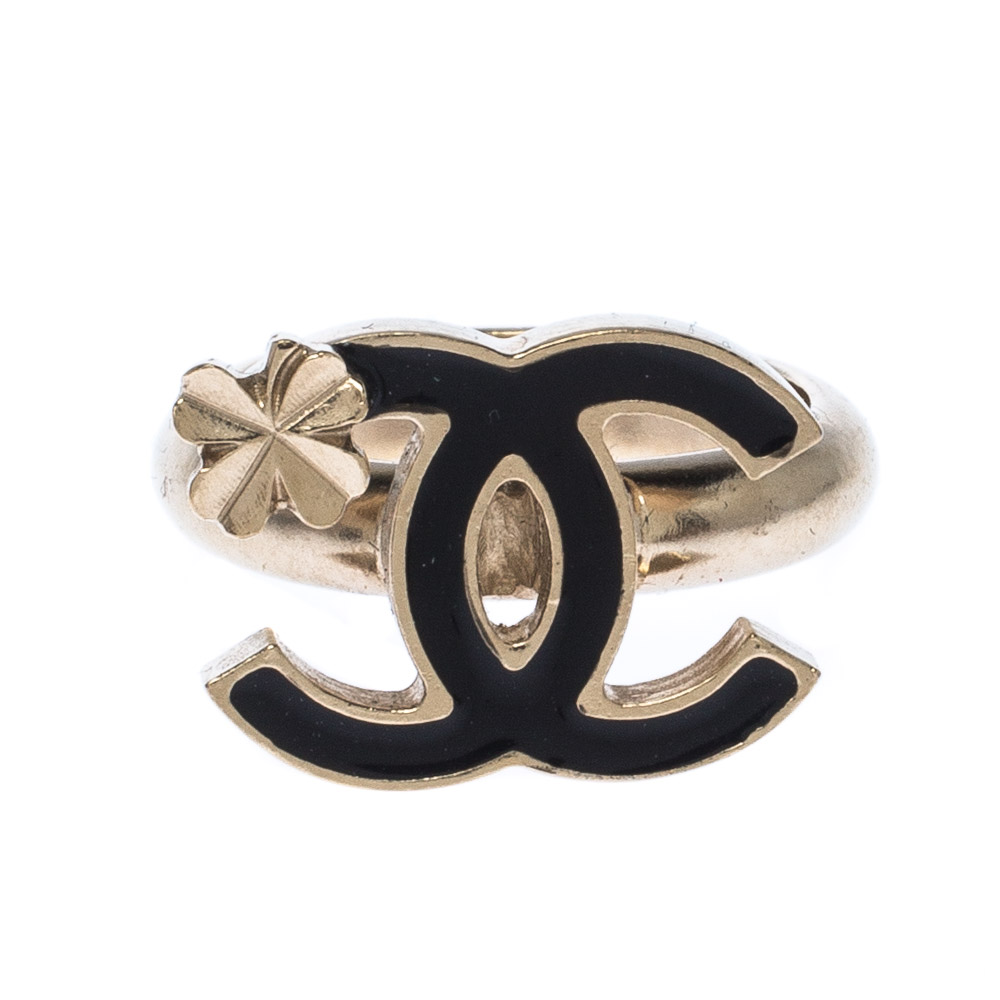 

Chanel CC Black Enamel Gold Tone Clover Ring Size