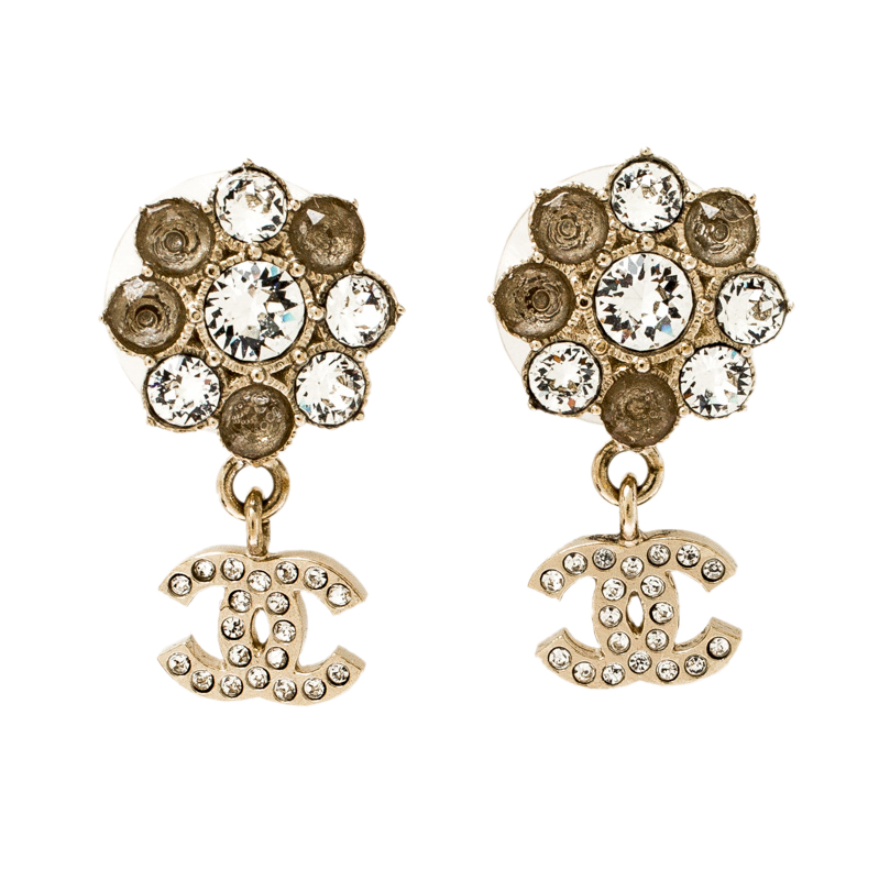 Chanel CC Crystal Camellia Drop Earrings