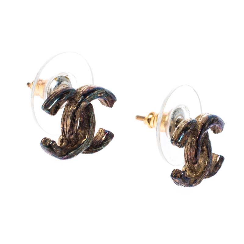 

Chanel CC Metallic Enamel Coated Twisted Gold Tone Earrings, Multicolor