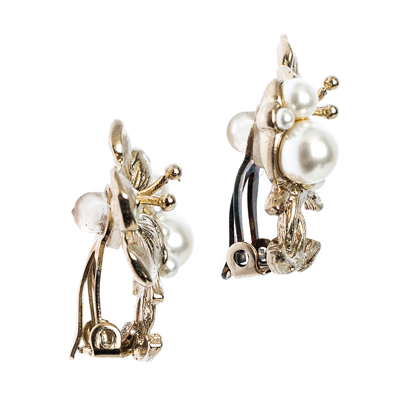 

Chanel CC Camellia Faux Pearl Clip On Stud Earrings, Gold
