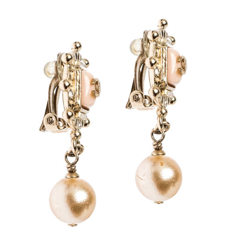 

Chanel CC Gold Tone Faux Pearl and Enamel Clip On Drop Earrings