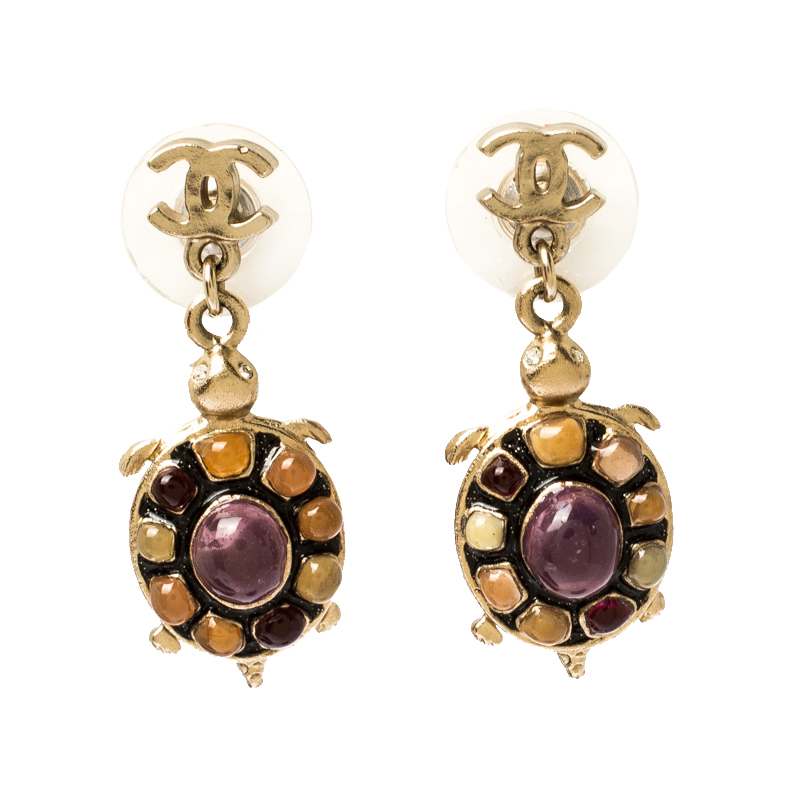 Pre Owned Chanel CC Gold Tone Gripoix Turtle Drop Earrings