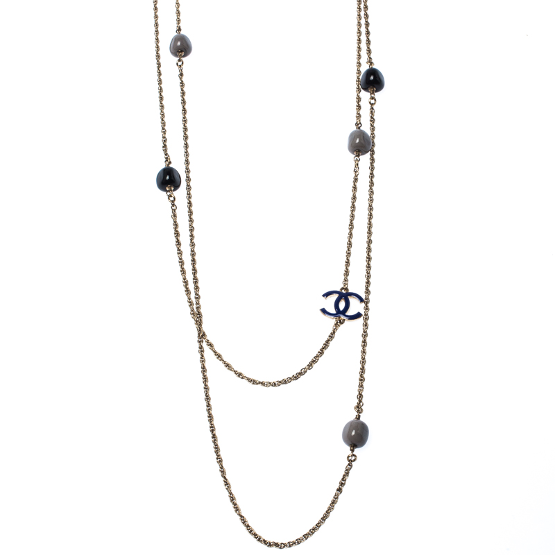 

Chanel CC Enamel Bead Long Multi Layered Chain Link Station Necklace, Gold