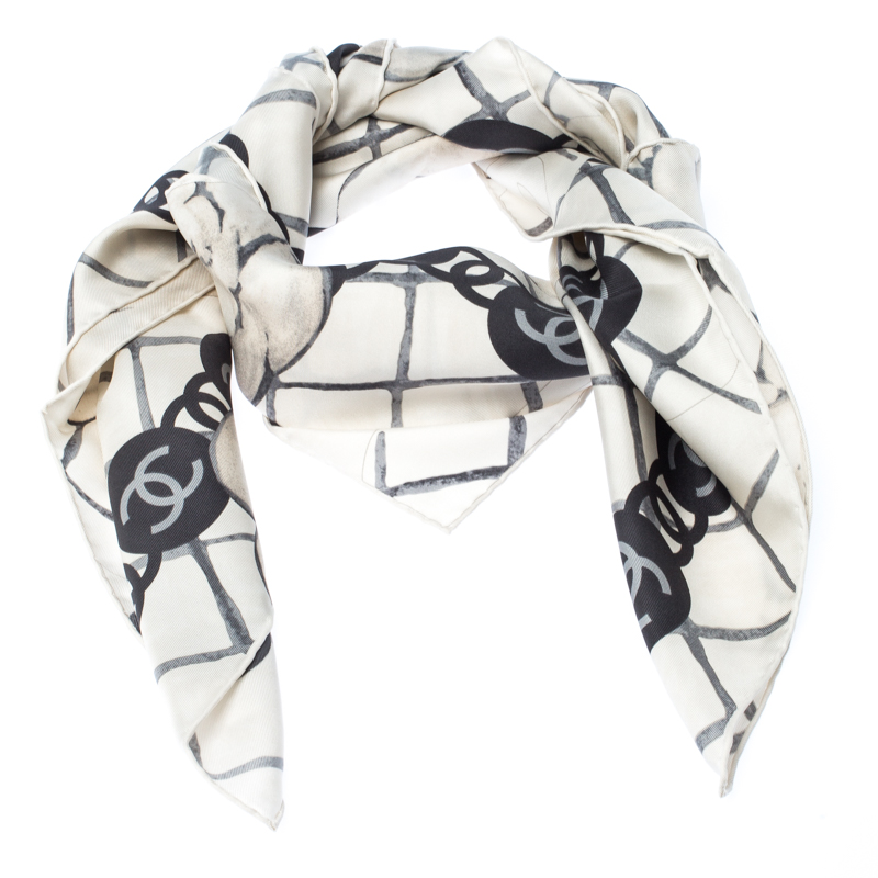 

Chanel White And Grey Printed Silk Twill Camellia Scarf