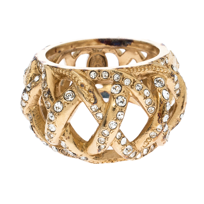 

Chanel CC Criss Cross Crystal Gold Tone Band Ring Size