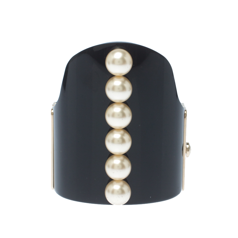 

Chanel Faux Pearl Black Resin Gold Tone Wide Cuff Bracelet