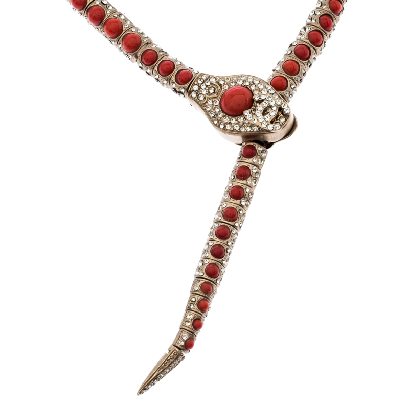 

Chanel CC Crystal Faux Coral Jeweled Gold Tone Adjustable Snake Necklace