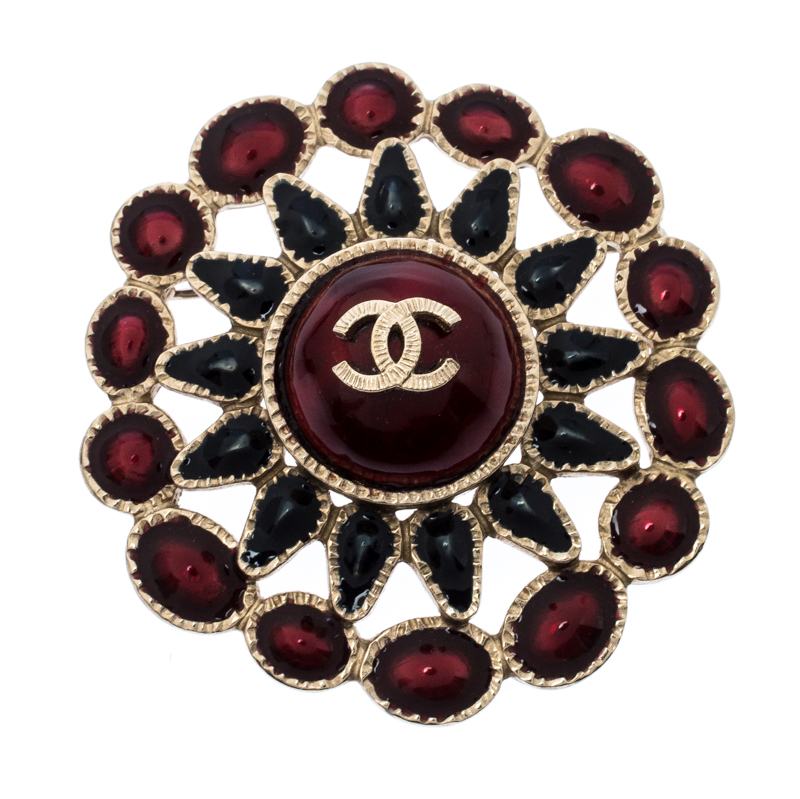 Pre Owned Chanel CC Multicolor Enamel Gold Tone Round Pin Brooch